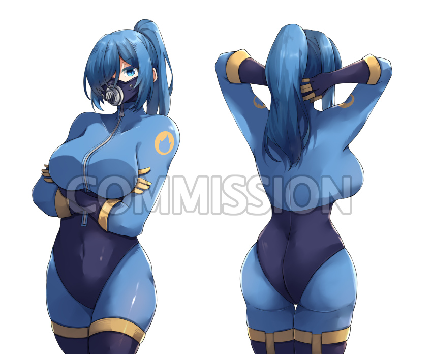 1girl absurdres arms_behind_head arms_under_breasts ass blu_pyro_(tf2) blue_bodysuit blue_eyes blue_gloves blue_hair bodysuit breasts commission genderswap genderswap_(otf) gloves highres impossible_bodysuit impossible_clothes kwkunai large_breasts latex latex_bodysuit long_hair looking_at_viewer multiple_views ponytail pyro_(tf2) simple_background team_fortress_2 white_background zipper zipper_pull_tab