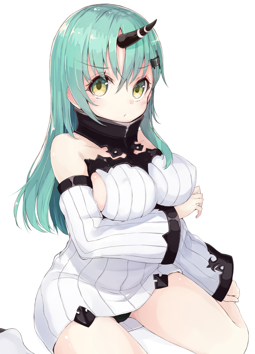 1girl abyssal_ship alternate_costume blush breasts cosplay detached_sleeves dress female_focus green_eyes green_hair highres horns kantai_collection kou_mashiro large_breasts long_hair long_sleeves matching_hair/eyes personification ribbed_dress seaport_hime_(cosplay) seaport_princess short_dress single_horn solo suzuya_(kancolle) white_background white_dress