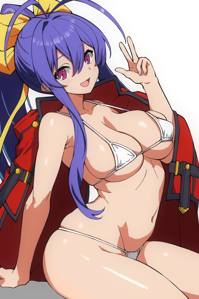 1girl absurdres antenna_hair ballardiae1007 bare_shoulders bikini blazblue blazblue:_central_fiction blue_hair bow breasts hair_between_eyes hair_bow highres jacket large_breasts long_hair looking_at_viewer mai_natsume navel open_clothes open_jacket ponytail red_jacket revealing_clothes ribbon sidelocks simple_background solo swimsuit v very_long_hair white_background white_bikini yellow_bow