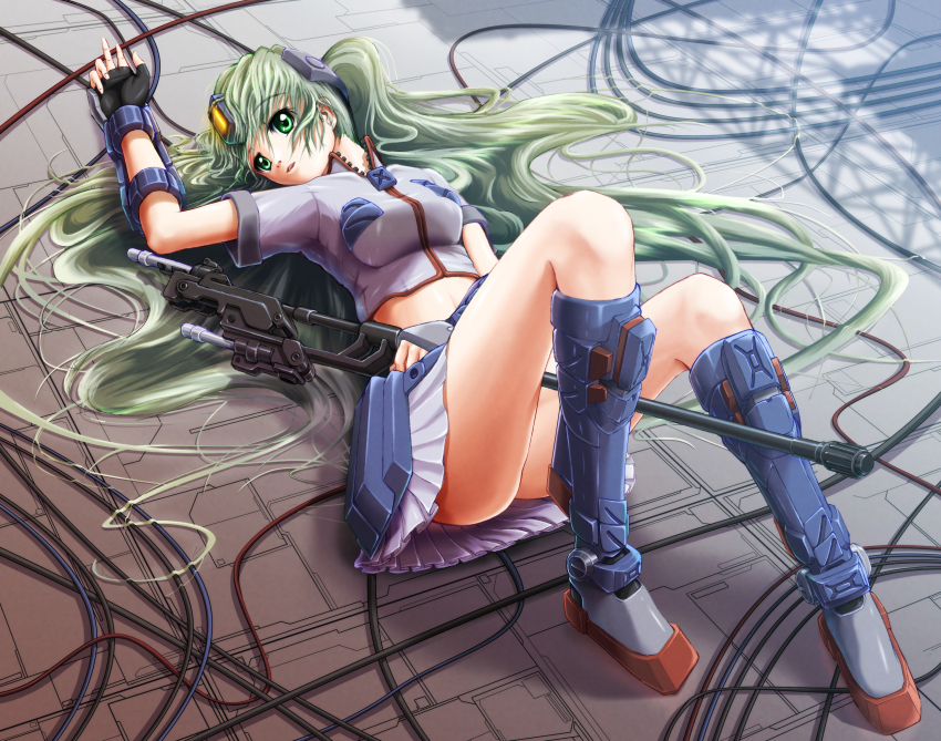 1girl female_focus fingerless_gloves gloves gm_(mobile_suit) gm_striker green_eyes green_hair gundam gundam_we&#039;re_federation_hooligans!! highres long_hair lying matching_hair/eyes mecha_musume on_back on_hair sentaro skirt solo weapon