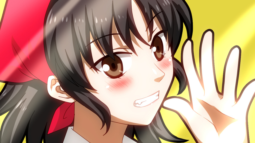 1girl bandana billie black_hair blush brown_eyes danshi_koukousei_no_nichijou fang female_focus joshi_kousei nago-san_(danshi_koukousei) parody ribbon smile solo