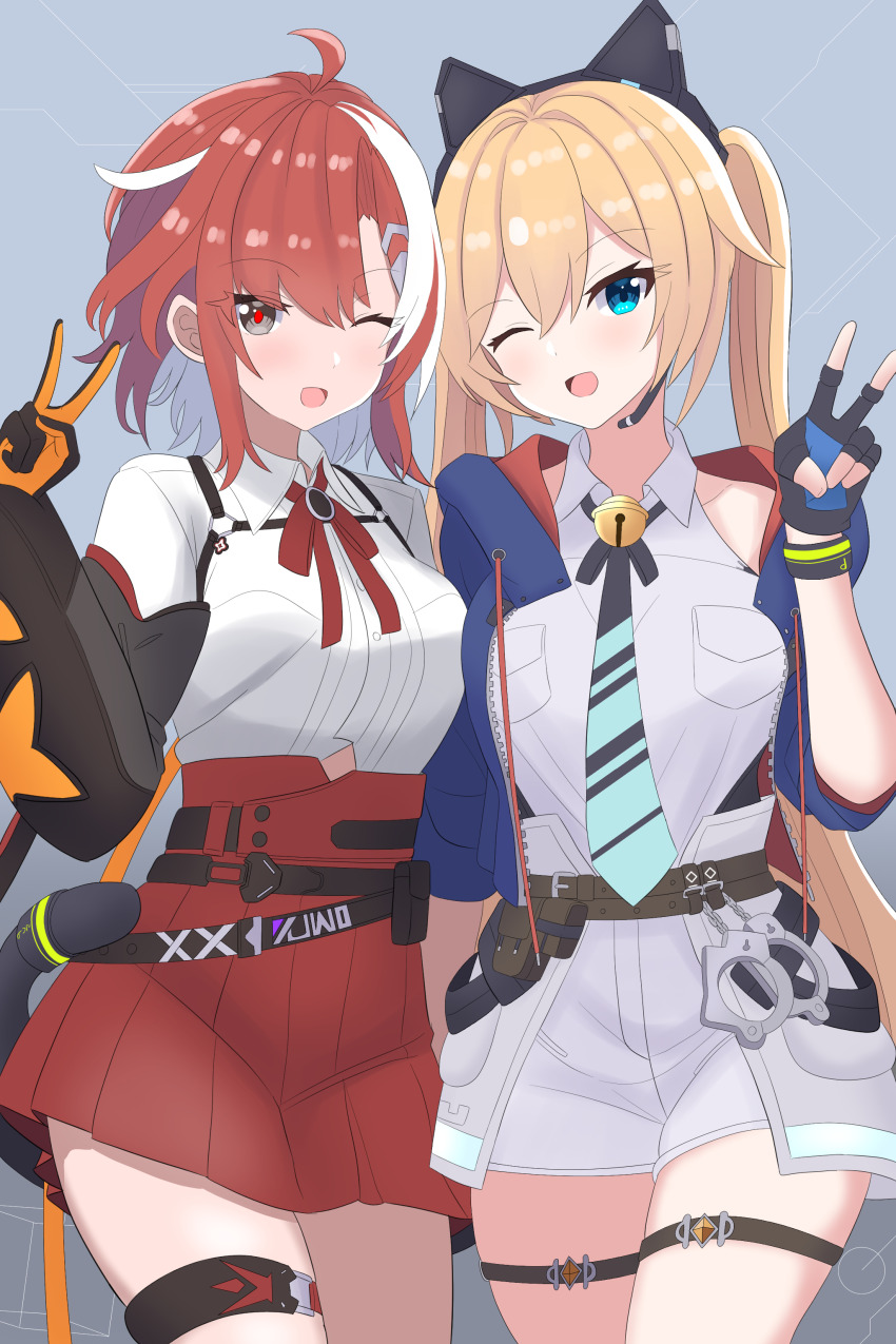 2girls absurdres aika_(strinova) animal_ears bell black_gloves blonde_hair blue_eyes blush cat_ears cuffs fake_animal_ears fake_tail fingerless_gloves gloves grey_background handcuffs highres jacket long_hair looking_at_viewer michele_(strinova) multicolored_hair multiple_girls necktie one_eye_closed open_mouth pleated_skirt red_eyes red_hair red_skirt shirt shorts skirt smile strinova tail thigh_strap thighs twintails v white_shirt yojouhan_0000