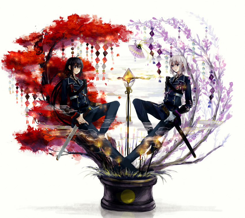 10s 2boys absurdres ahoge autumn_leaves black_hair canarinu candle folding_fan gloves hand_fan highres honebami_toushirou leaf male_focus military military_uniform multiple_boys namazuo_toushirou ponytail purple_eyes silver_hair sitting smile smoke sword touken_ranbu tree wakizashi weapon white_gloves