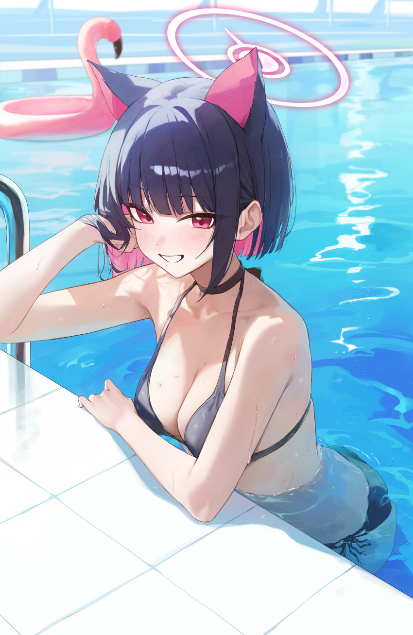 1girl absurdres alternate_costume animal_ears bikini black_bikini black_choker black_hair blue_archive blush breasts cat_ears cat_girl choker cleavage colored_inner_animal_ears commentary_request extra_ears halo highres inflatable_flamingo kazusa_(blue_archive) looking_at_viewer medium_breasts partially_submerged pink_eyes pink_hair pink_halo poolside short_hair smile solo swimsuit toi1et_paper