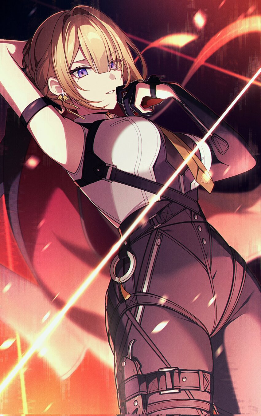 1girl arm_up black_gloves black_pants black_sleeves blonde_hair breasts earrings evelyn_chevalier gloves hair_between_eyes high-waist_pants highres jewelry looking_at_viewer medium_breasts medium_hair necktie pants pochimaru_(marumaru_wanwan) purple_eyes shirt sleeveless solo tight_clothes tight_pants white_shirt yellow_necktie zenless_zone_zero