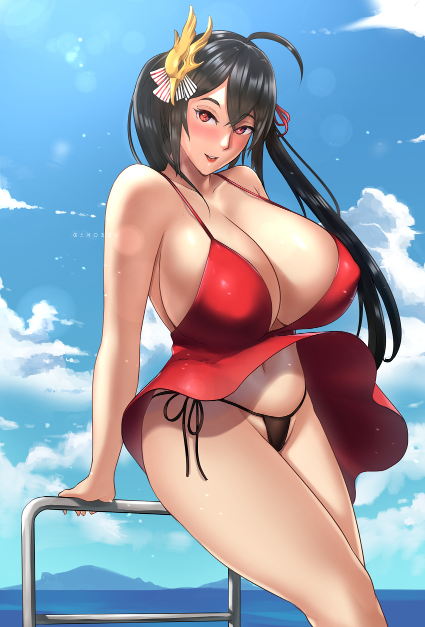 1girl absurdres ahoge azur_lane black_hair black_panties blue_sky breasts cleavage cloud collarbone commentary commission cowboy_shot crossed_bangs day dress english_commentary ganzu hair_between_eyes hair_ornament hair_ribbon highres huge_breasts long_hair looking_at_viewer mountainous_horizon navel ocean panties parted_lips railing red_dress red_eyes red_lips ribbon side-tie_panties sky smile solo standing string_panties taihou_(azur_lane) underwear