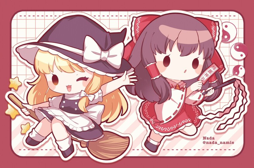 2girls :3 apron black_dress black_footwear black_hair black_hat blonde_hair bow broom broom_riding chibi commentary_request detached_sleeves dress gohei hair_bow hair_tubes hakurei_reimu hat hat_bow highres holding kirisame_marisa multiple_girls nada_namie one_eye_closed open_mouth orb parted_lips red_bow red_skirt ribbon-trimmed_sleeves ribbon_trim shoes short_sleeves simple_background skirt socks star_(symbol) touhou twitter_username waist_apron white_bow white_socks wide_sleeves witch_hat yin_yang yin_yang_orb