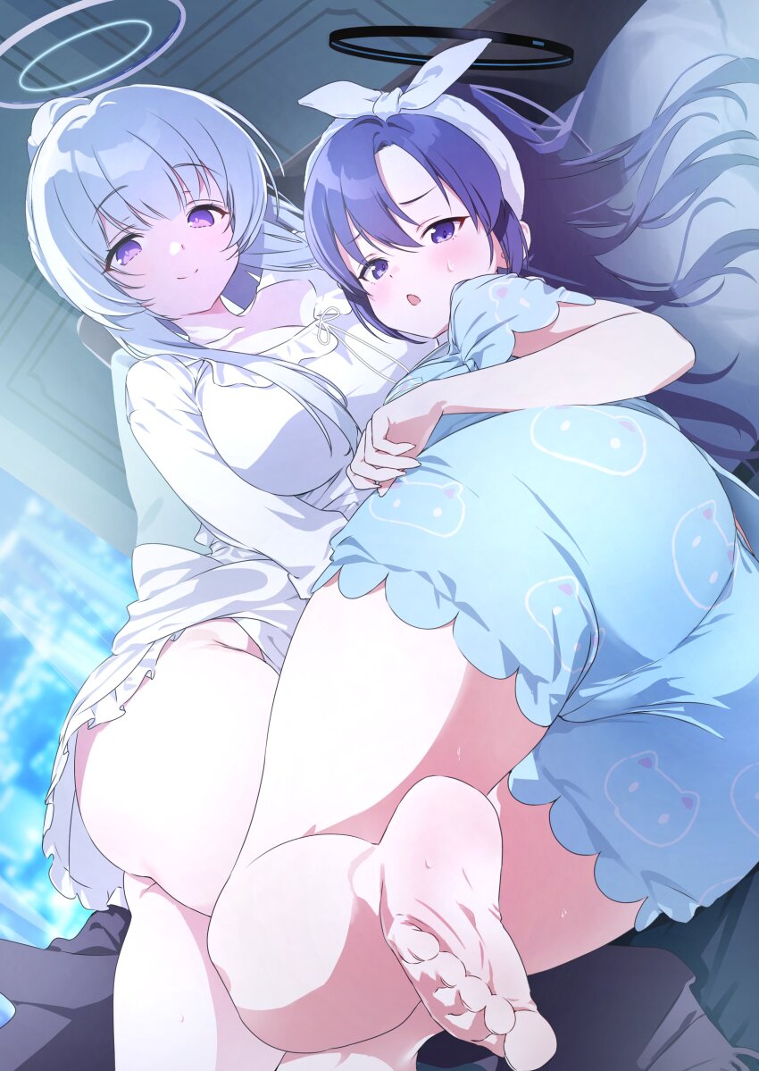 2girls absurdres ass barefoot blue_archive blue_pajamas feet foot_focus foreshortening frilled_pajamas frills halo highres mechanical_halo multiple_girls nikuya_(nikuniku_nikuya) noa_(blue_archive) noa_(pajamas)_(blue_archive) official_alternate_costume pajamas purple_eyes purple_hair sleepwear soles toes white_hair white_halo white_pajamas yuuka_(blue_archive) yuuka_(pajamas)_(blue_archive)