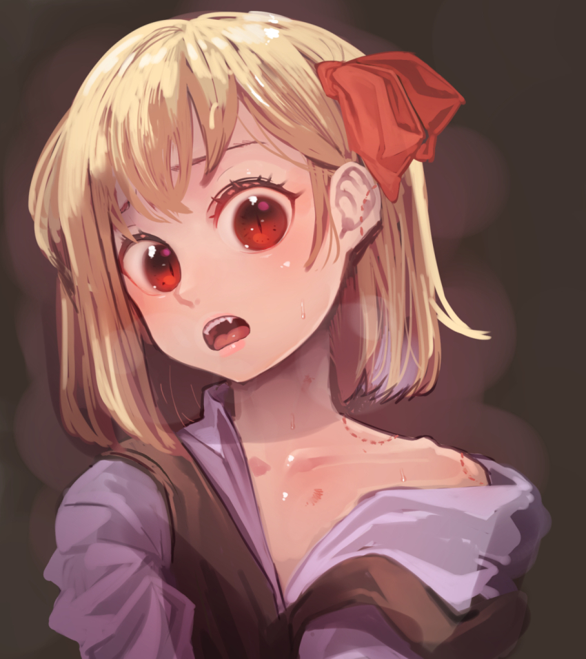 1girl bite_mark bite_mark_on_shoulder black_vest blonde_hair blush bow breath close-up collarbone collared_shirt d: dark_background eyebrows_hidden_by_hair eyelashes fangs flustered furrowed_brow hair_behind_ear heavy_breathing highres looking_at_viewer nose off_shoulder open_mouth red_bow red_eyes rumia shamo_(koumakantv) shiny_skin shirt simple_background slit_pupils solo sweat swept_bangs teeth tongue touhou unbuttoned upper_body upper_teeth_only vest white_shirt wing_collar