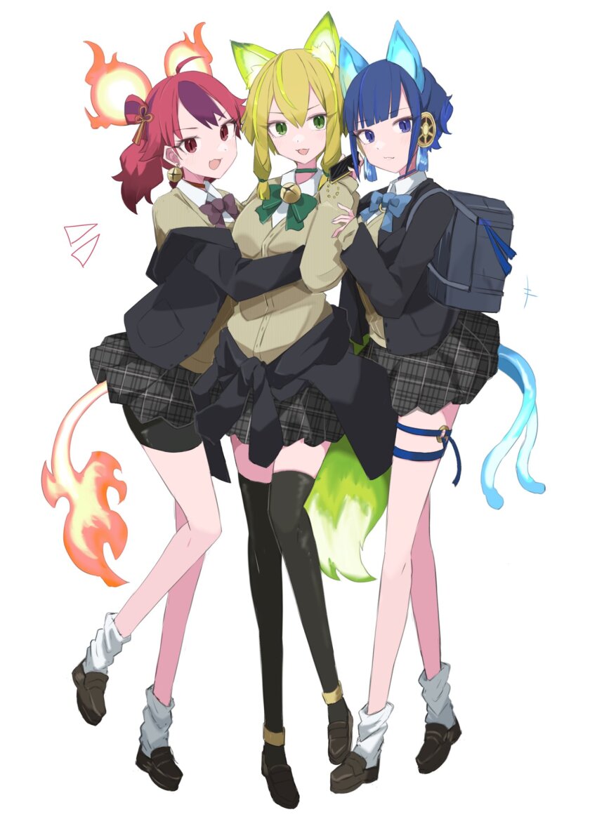 3girls alternate_costume animal_ears backpack bag bike_shorts blazer blue_eyes blue_hair bow bowtie breasts cat_ears cat_tail cellphone duel_monster energy_tail fox fox_tail full_body ha-re_the_sword_mikanko highres holding holding_phone hu-li_the_jewel_mikanko jacket long_hair loose_socks medium_breasts mouse_ears multicolored_hair multiple_girls multiple_tails nail_polish ni-ni_the_mirror_mikanko open_mouth phone purple_hair red_eyes sakuragi_raia school_uniform shoes short_hair_with_long_locks shorts shorts_under_skirt simple_background skirt smartphone socks sweater tail thighhighs twintails two-tone_hair two_tails white_background yu-gi-oh!