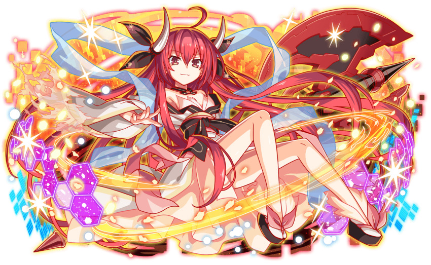 1girl ahoge axe battle_axe crash_fever date_a_live dress full_body hair_ribbon horns itsuka_kotori japanese_clothes long_hair looking_at_viewer obi official_art red_eyes red_hair ribbon sash second-party_source smile solo tachi-e transparent_background v-shaped_eyebrows weapon wide_sleeves