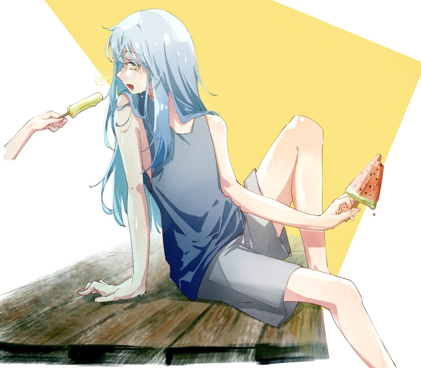 1other blue_hair blue_shirt food highres long_hair pants popsicle poyuiko_oekk rimuru_tempest shirt sitting solo tensei_shitara_slime_datta_ken white_background white_pants yellow_background yellow_eyes