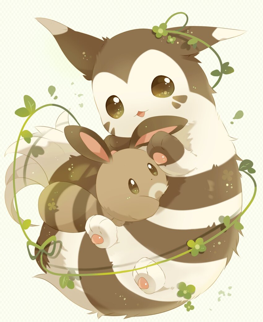 animal animal_focus brown_eyes brown_fur creatures_(company) evolutionary_line facial_mark furret game_freak gen_2_pokemon highres nintendo no_humans open_mouth pawpads pokemon pokemon_(creature) sentret smile tail ushiina whisker_markings white_background