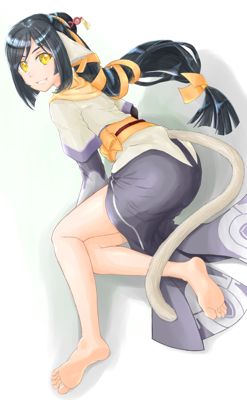 1girl absurdres barefoot black_hair feet grin highres kuon_(utawarerumono) long_hair looking_at_viewer pxa640 smile soles tail toes transparent_background utawarerumono yellow_eyes