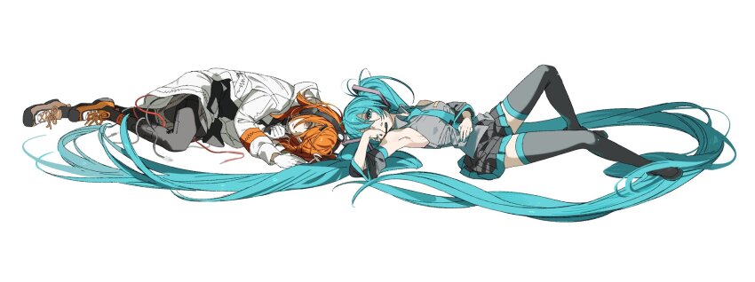 2girls a.i._voice adachi_rei aqua_eyes aqua_necktie aqua_trim black_thighhighs breasts cable clenched_hand detached_sleeves gloves grey_shirt hair_ornament hair_spread_out hairclip hatsune_miku headset highres hood hood_down hooded_jacket jacket knee_up long_hair long_sleeves looking_at_viewer lying medium_hair miniskirt multiple_girls natwjeq necktie on_ground on_side one_eye_covered orange_shoes pantyhose parted_lips pleated_skirt radio_antenna shirt shoes simple_background skirt sleeveless sleeveless_shirt small_breasts sneakers thighhighs utau very_long_hair vocaloid white_background white_gloves white_jacket