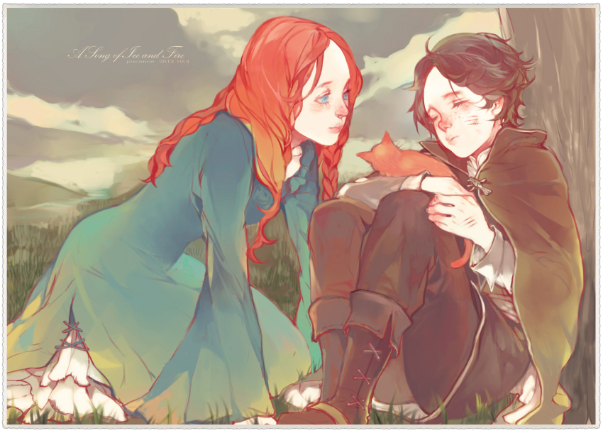 1boy 1girl a_song_of_ice_and_fire aged_down animification bad_id bad_pixiv_id blue_eyes braid brown_hair cape cat catelyn_tully dress highres long_hair petyr_baelish red_hair sleeping tree wavesheep