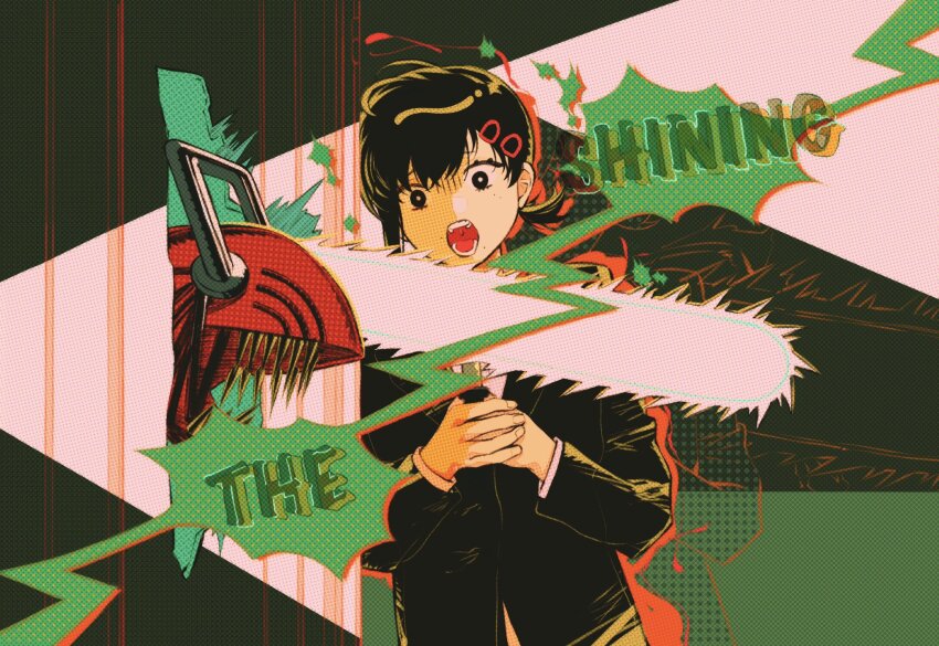 1boy 1girl black_eyes black_hair black_jacket bright_pupils business_suit chainsaw chainsaw_man denji_(chainsaw_man) formal_clothes hair_ornament hairclip here&#039;s_johnny!_(meme) higashiyama_kobeni highres holding holding_knife jacket knife meme monster_boy open_mouth scene_reference sharp_teeth suit suit_jacket teeth the_shining tuzaixia white_pupils