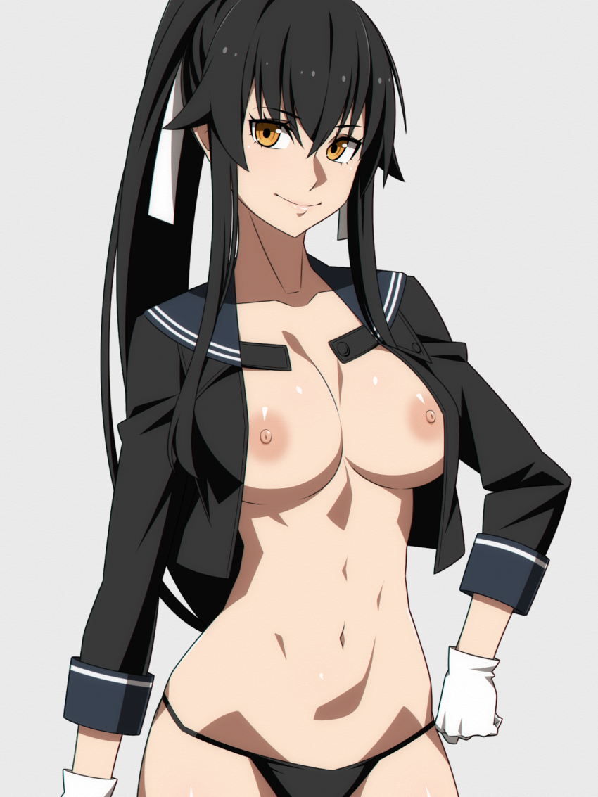 1girl bikini bikini_bottom_only black_bikini black_hair black_sailor_collar black_shirt breasts breasts_out closed_mouth cowboy_shot crop_top gloves highres kantai_collection large_breasts long_hair long_sleeves looking_at_viewer navel nipples no_bra open_clothes open_shirt orange_eyes ponytail ra-pen sailor_collar shirt sidelocks simple_background smile solo swimsuit very_long_hair white_background white_gloves yahagi_(kancolle)