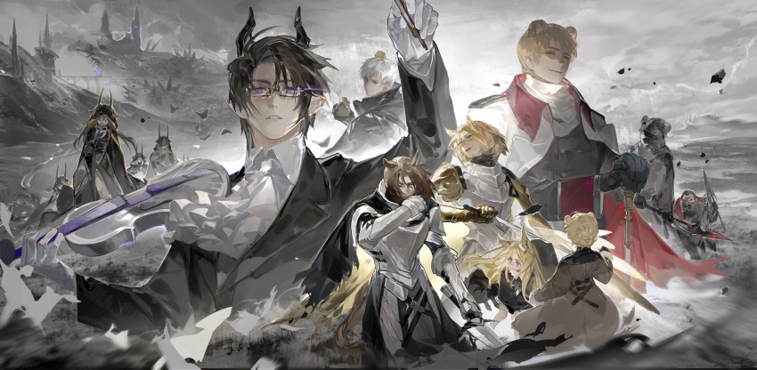 3girls 5boys 5others absurdres animal animal_ears animal_on_head arknights armor ascot austria_(hetalia) axis_powers_hetalia bear_boy bear_ears belarus_(hetalia) bird bird_on_head black_hair blonde_hair bow_(music) braid braided_bun breastplate brown_hair cape chick cloak closed_eyes coat gauntlets gloves glowing glowing_eyes green_eyes hair_bun highres holding holding_bow_(music) holding_instrument holding_mask holding_sword holding_violin holding_weapon hood hooded_cloak horns horse_boy horse_ears horse_tail hungary_(hetalia) instrument jacket kemonomimi_mode lithuania_(hetalia) long_hair mask medium_hair multiple_boys multiple_girls multiple_others multiple_views on_head parody pauldrons poland_(hetalia) prussia_(hetalia) purple_eyes quan_zidong_xiaoyin red_eyes russia_(hetalia) scarf short_hair shoulder_armor single_pauldron sword tail ukraine_(hetalia) violin weapon white_hair