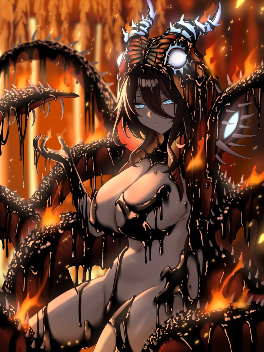 1girl absurdres black_hair blue_eyes breasts closed_mouth fire gfpebs hair_between_eyes highres horns large_breasts lava long_hair looking_at_viewer monster_hunter_(series) monster_hunter_wilds navel nude solo spikes tagme tentacles