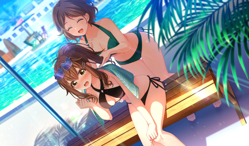 2girls :d ^_^ adjusting_another&#039;s_hair barefoot beach_umbrella bench bikini black_bikini blurry blush breasts brown_eyes brown_hair cat_eye-framed_eyewear cinderella_series cleavage closed_eyes collarbone commentary_request depth_of_field dutch_angle embarrassed eyewear_on_head game_cg green_bikini hachigatsu_no_cinderella_nine hair_ornament hairclip halterneck hand_on_own_knee high_ponytail highres kakehashi_momoko lens_flare light_rays long_hair looking_at_another looking_at_viewer multiple_girls non-web_source official_art on_bench open_mouth outdoors palm_tree ponytail pool poolside shade short_hair side-tie_bikini_bottom sitting sling_bikini_top smile sunbeam sunlight sweatdrop swimsuit towel towel_around_neck tree ukita_akane umbrella wavy_hair wavy_mouth wooden_bench