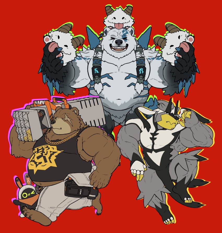 &gt;_&lt; 3boys animal_ears bara barefoot bear bear_boy bear_ears belly ben_bigger black_fur black_tank_top brown_fur chain chain_necklace claws closed_eyes commentary creatures_(company) english_commentary eous_(zenless_zone_zero) fighting_stance furry furry_male game_freak gen_8_pokemon highres holding holding_petal holding_weapon ice jewelry league_of_legends legendary_pokemon looking_at_viewer male_focus morskart_(retsito) multiple_boys muscular muscular_male necklace nintendo non-humanoid_robot one_eye_closed open_mouth panda_boy panda_ears pants petals pokemon pokemon_(creature) polar_bear poro_(league_of_legends) rabbit_ears red_background robot running scar scar_across_eye smile tank_top tongue tongue_out urshifu volibear weapon white_fur white_pants zenless_zone_zero