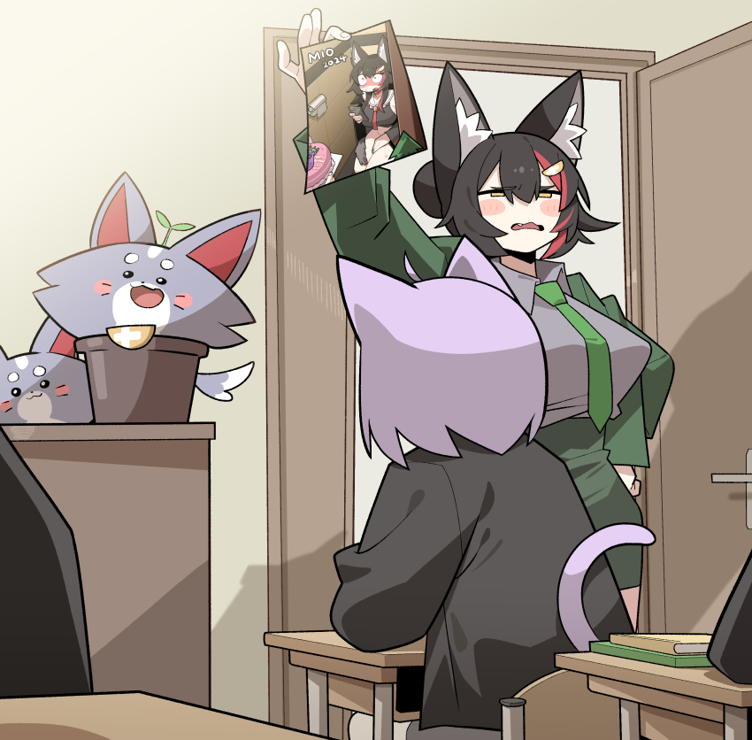 2girls absurdres animal_ears arm_up blush cat_ears cat_girl cat_tail cocomayo29_(tomato) commentary_request desk door fang from_behind green_jacket green_necktie grey_shirt hair_bun half-closed_eyes hand_on_own_hip highres holding holding_photo hololive indoors jacket korean_commentary miofa_(ookami_mio) multicolored_hair multiple_girls necktie nekomata_okayu ookami_mio open_door open_mouth photo-referenced photo_(object) red_hair school_desk shirt single_hair_bun sitting streaked_hair tail virtual_youtuber wolf_ears wolf_girl