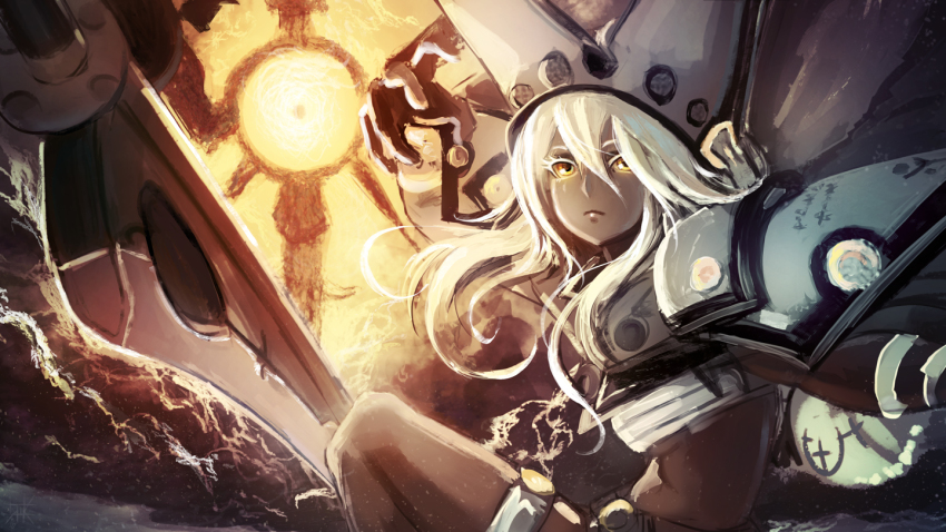 1girl blonde_hair cape cubehero dark-skinned_female dark_skin guilty_gear guilty_gear_xrd hat hat_with_ears long_hair looking_at_viewer platinum_blonde_hair ramlethal_valentine solo_focus white_headwear yellow_eyes