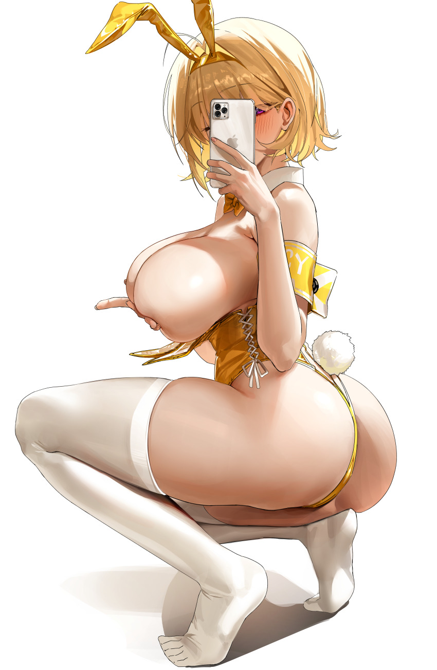 1girl absurdres animal_ears ass bare_shoulders blonde_hair blush bow bowtie breasts breasts_out cellphone cross-laced_slit detached_collar elegg_(nikke) fake_animal_ears fake_tail full_body goddess_of_victory:_nikke grabbing_own_breast highres holding holding_phone huge_breasts iphone leotard phone playboy_bunny purple_eyes rabbit_ears rabbit_tail short_hair smartphone squatting tail thighhighs thighs white_thighhighs yellow_leotard yerim