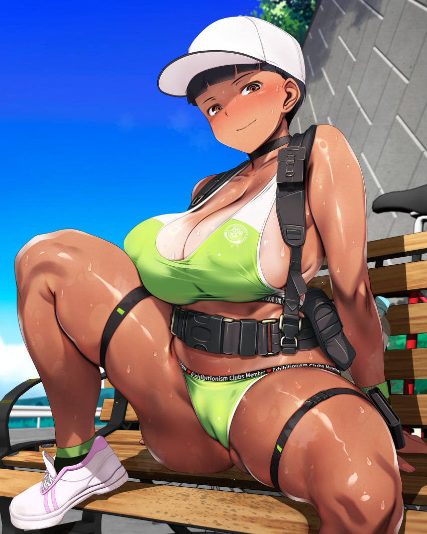 1girl absurdres amagasa_higasa baseball_cap bench black_hair blue_sky blunt_bangs blush breasts brown_eyes cameltoe chest_harness cleavage cleft_of_venus closed_mouth commentary commentary_request covered_erect_nipples dark-skinned_female dark_skin english_commentary foot_up green_panties harness hat highres huge_breasts looking_at_viewer mixed-language_commentary original outdoors paid_reward_available panties park_bench shiny_skin shoes short_hair sideways_glance sitting sky smile sneakers solo sports_bra sweat tan tanline thick_thighs thigh_strap thighs tomboy_(amagasa_higasa) underwear variant_set very_short_hair very_sweaty white_footwear white_hat