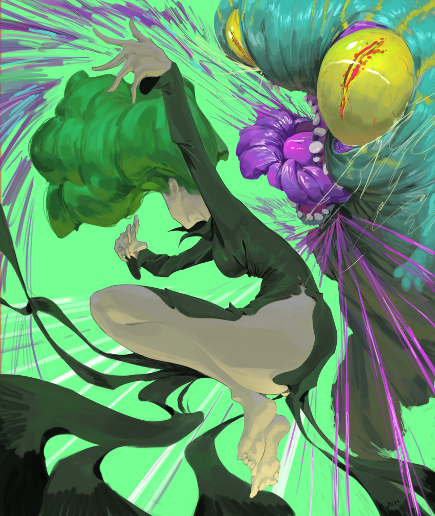 1girl absurdres ass attack bare_legs barefoot blood blood_spray collared_dress colored_sclera curvy dress floating from_side green_background green_dress green_hair highres huge_ass knifesart levitation monster one-punch_man purple_blood side_slit slit_pupils tatsumaki telekinesis thong violence wide_hips yellow_sclera