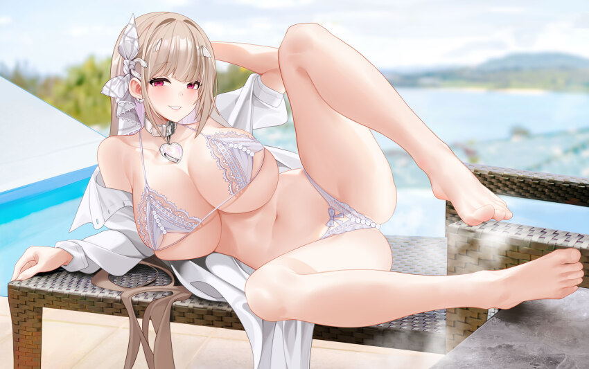 1girl absurdres bare_legs barefoot bikini breasts brown_hair feet goddess_of_victory:_nikke highres huge_breasts jewelry large_breasts long_hair looking_at_viewer navel no_shoes outdoors red_eyes shirt shitsurakuen_(paradise_lost) smile soles swimsuit viper_(nikke) white_bikini white_shirt