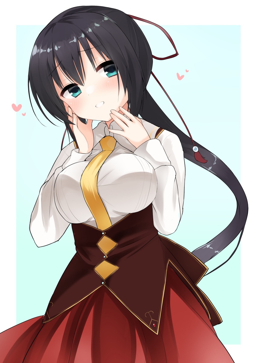 1girl :d amagiri_yune amairo_islenauts aqua_eyes black_hair blue_background blush border breasts brown_corset collared_shirt commentary corset cowboy_shot english_commentary grin hair_between_eyes hair_ribbon hand_on_own_cheek hand_on_own_face hands_up happy heart highres large_breasts long_hair long_sleeves looking_at_viewer necktie open_mouth outside_border ponytail raised_eyebrows red_ribbon red_skirt ribbon school_uniform shirt simple_background skirt smile solo takepoison very_long_hair white_border white_shirt yellow_necktie