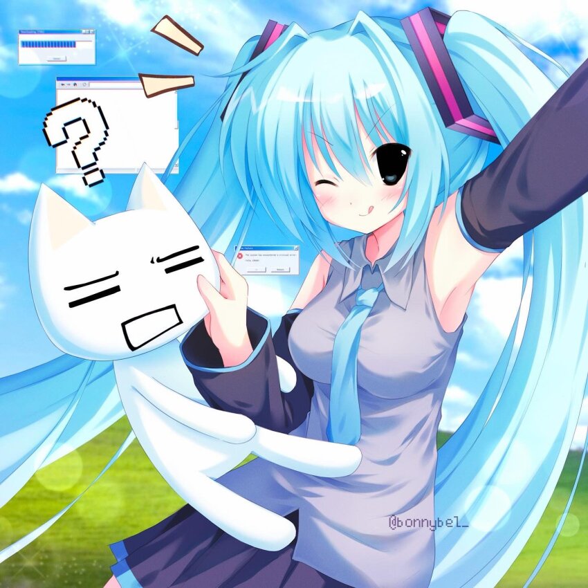 1girl 2000s_(style) =_= ? aqua_hair aqua_necktie armpits black_skirt black_sleeves bliss_(image) breasts character_request cloud cloudy_sky detached_sleeves grey_shirt hair_between_eyes hand_on_another&#039;s_cheek hand_on_another&#039;s_face hatsune_miku highres jelly_(bonnybel) long_hair looking_at_viewer medium_breasts necktie notice_lines one_eye_closed shirt skirt sky sleeveless sleeveless_shirt smile tongue tongue_out twintails twitter_username very_long_hair vocaloid window_(computing)