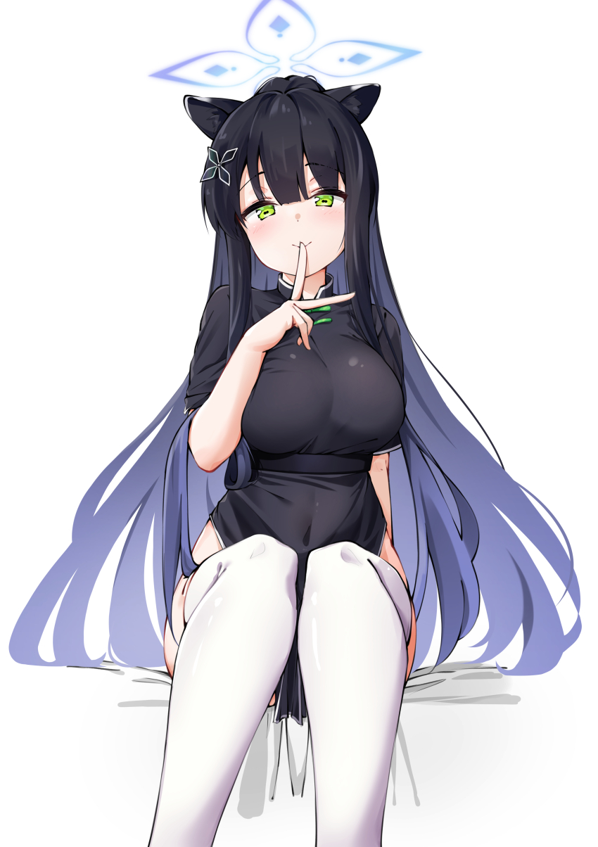 1girl absurdres animal_ears black_hair blue_archive blue_halo breasts chinese_clothes closed_mouth commentary_request green_eyes halo highres komasi large_breasts long_hair looking_at_viewer pelvic_curtain shun_(blue_archive) simple_background sitting solo thighhighs white_background white_thighhighs