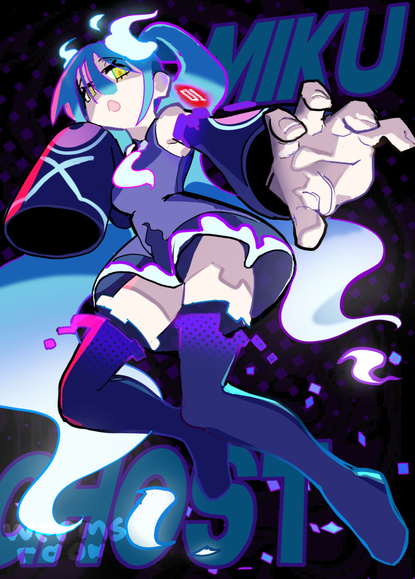 1girl black_sleeves black_thighhighs blue_hair character_name commentary creatures_(company) detached_arm detached_legs detached_sleeves dress english_commentary floating full_body game_freak ghost_miku_(project_voltage) glitch gradient_hair hair_between_eyes hand_up hatsune_miku highres long_hair looking_at_viewer multicolored_hair necktie nintendo open_mouth outstretched_arm pale_skin pokemon print_sleeves project_voltage purple_dress reaching reaching_towards_viewer see-through_clothes shaded_face shirt sleeveless sleeveless_shirt sleeves_past_fingers sleeves_past_wrists solo thighhighs twintails very_long_hair vocaloid wermer white_hair white_necktie yellow_eyes