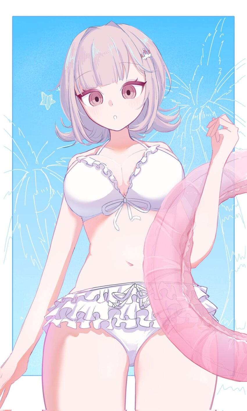 1girl :o bare_shoulders bikini blue_background border breasts brown_hair cleavage collarbone danganronpa_(series) danganronpa_2:_goodbye_despair from_below gradient_background highres holding holding_swim_ring innertube nanami_chiaki navel nia_(nya_nanjr) official_alternate_costume short_hair spaceship_hair_ornament stomach swim_ring swimsuit teeth white_bikini white_border