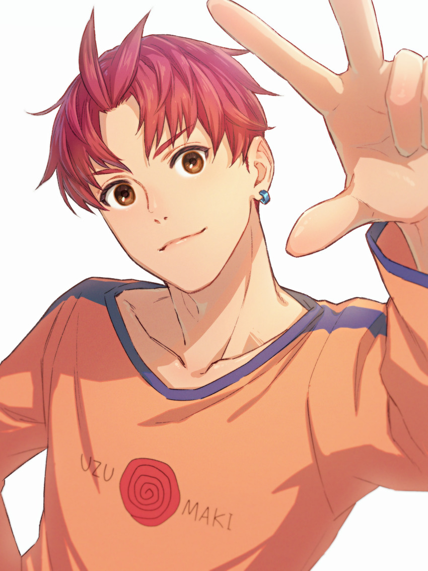 1boy absurdres brown_eyes cariyacalco closed_mouth collarbone dandadan earrings hand_up highres jewelry jin_enjoji light_smile long_sleeves looking_at_viewer male_focus orange_shirt red_hair shirt short_hair solo upper_body uzumaki v white_background