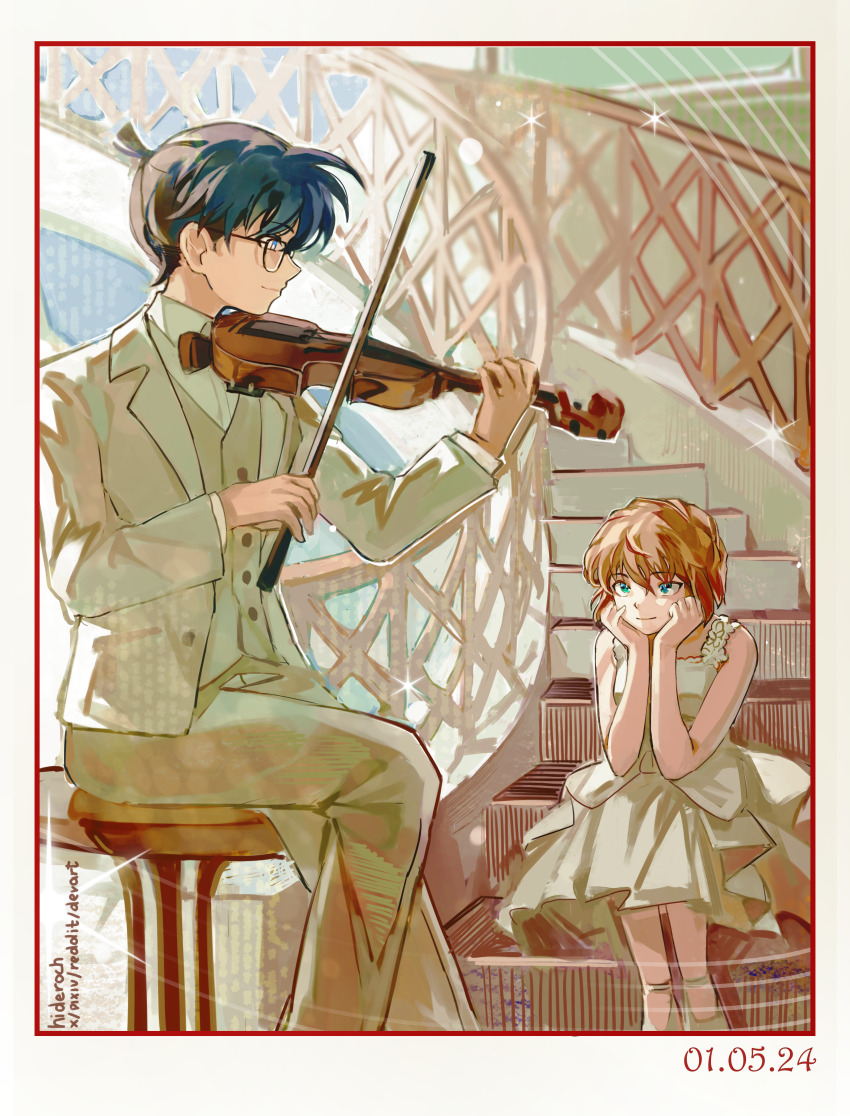 1boy 1girl absurdres aged_up black-framed_eyewear black_hair blue_eyes brown_hair dated dress edogawa_conan formal glasses haibara_ai highres holding holding_instrument holding_violin indoors instrument kudou_shin&#039;ichi long_sleeves meitantei_conan miyano_shiho music pants playing_instrument profile short_hair sleeveless sleeveless_dress st_ard stairs suit violin white_dress white_pants white_suit