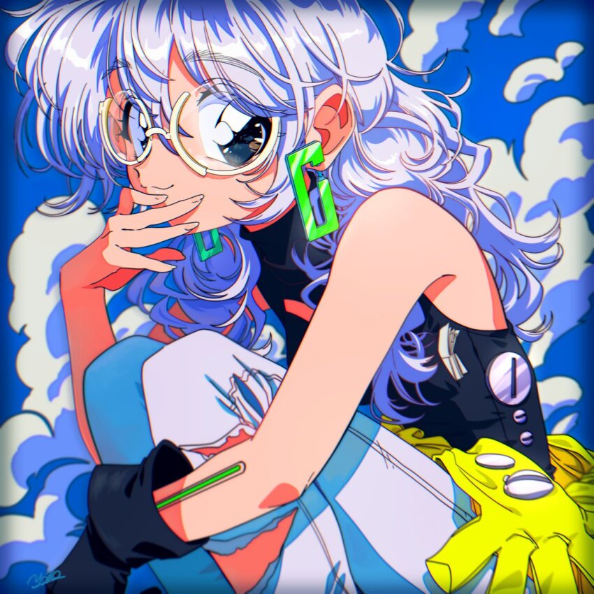 1990s_(style) 1girl black_eyes clothes_around_waist cloud cloudy_sky denim earrings glasses gloves hand_on_own_chin highres hugging_own_legs jacket jacket_around_waist jeans jewelry long_hair original pants retro_artstyle single_glove sky sleeveless sleeveless_turtleneck smile sparkling_eyes thick_eyebrows torn_clothes torn_jeans torn_pants turtleneck white_hair yo-co