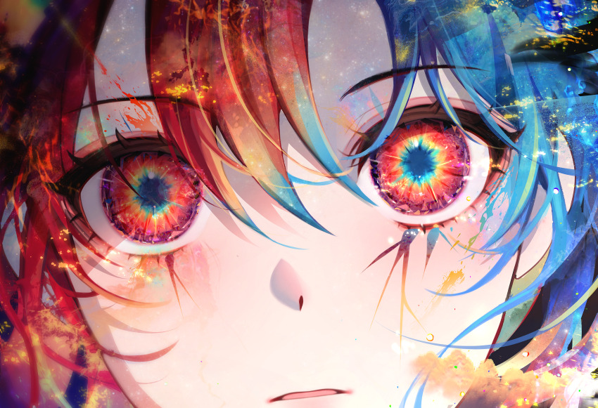 1girl 58_(opal_00_58) absurdres blue_hair blue_pupils close-up commentary english_commentary eye_focus eyelashes facial_mark hair_between_eyes highres looking_at_viewer multicolored_hair original red_eyes red_hair short_hair solo