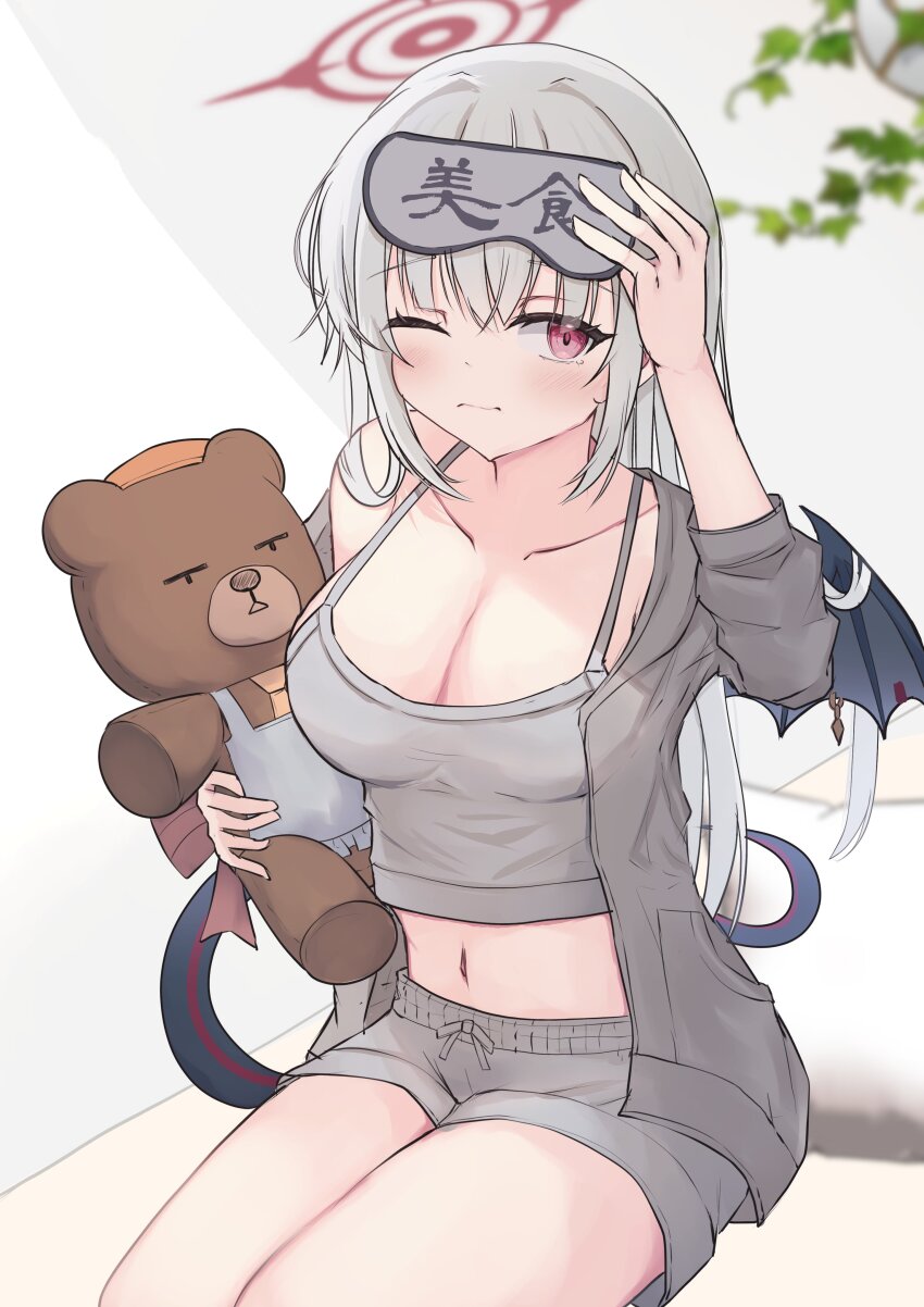 1girl absurdres blue_archive breasts camisole cleavage commentary_request demon_girl demon_tail demon_wings grey_camisole grey_hair grey_jacket grey_shorts halo haruna_(blue_archive) highres holding holding_stuffed_toy indoors jacket kirin_(kirin1023) large_breasts long_hair midriff navel on_bed one_eye_closed red_eyes red_halo shorts sitting sleep_mask solo stuffed_animal stuffed_toy tail teddy_bear thighs wings