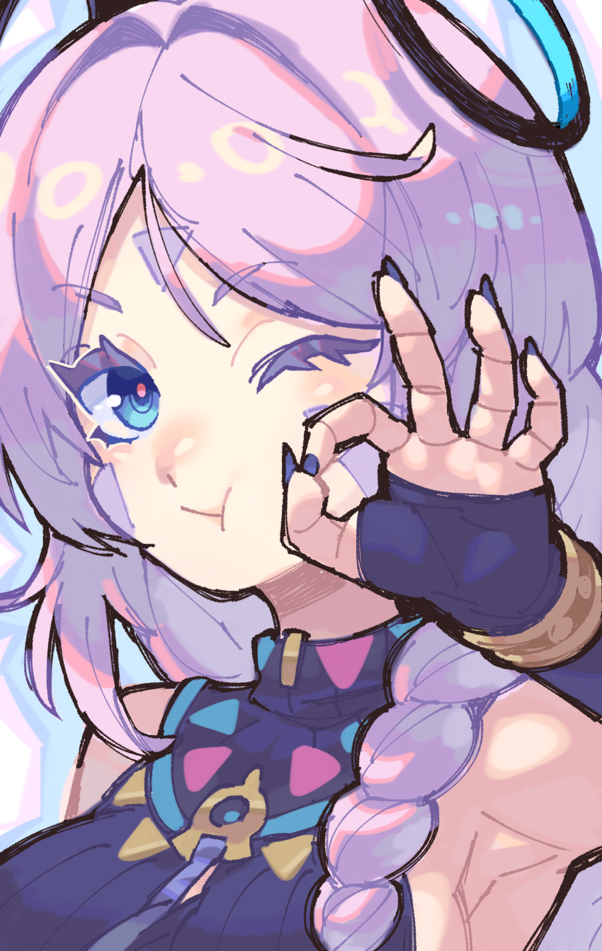 1girl ;t armpits blue_eyes blue_gloves blue_nails citlali_(genshin_impact) colored_eyelashes facial_mark fingerless_gloves forehead_mark genshin_impact gloves highres long_hair looking_at_viewer mona_(monaka) nail_polish ok_sign pink_hair sleeveless solo upper_body