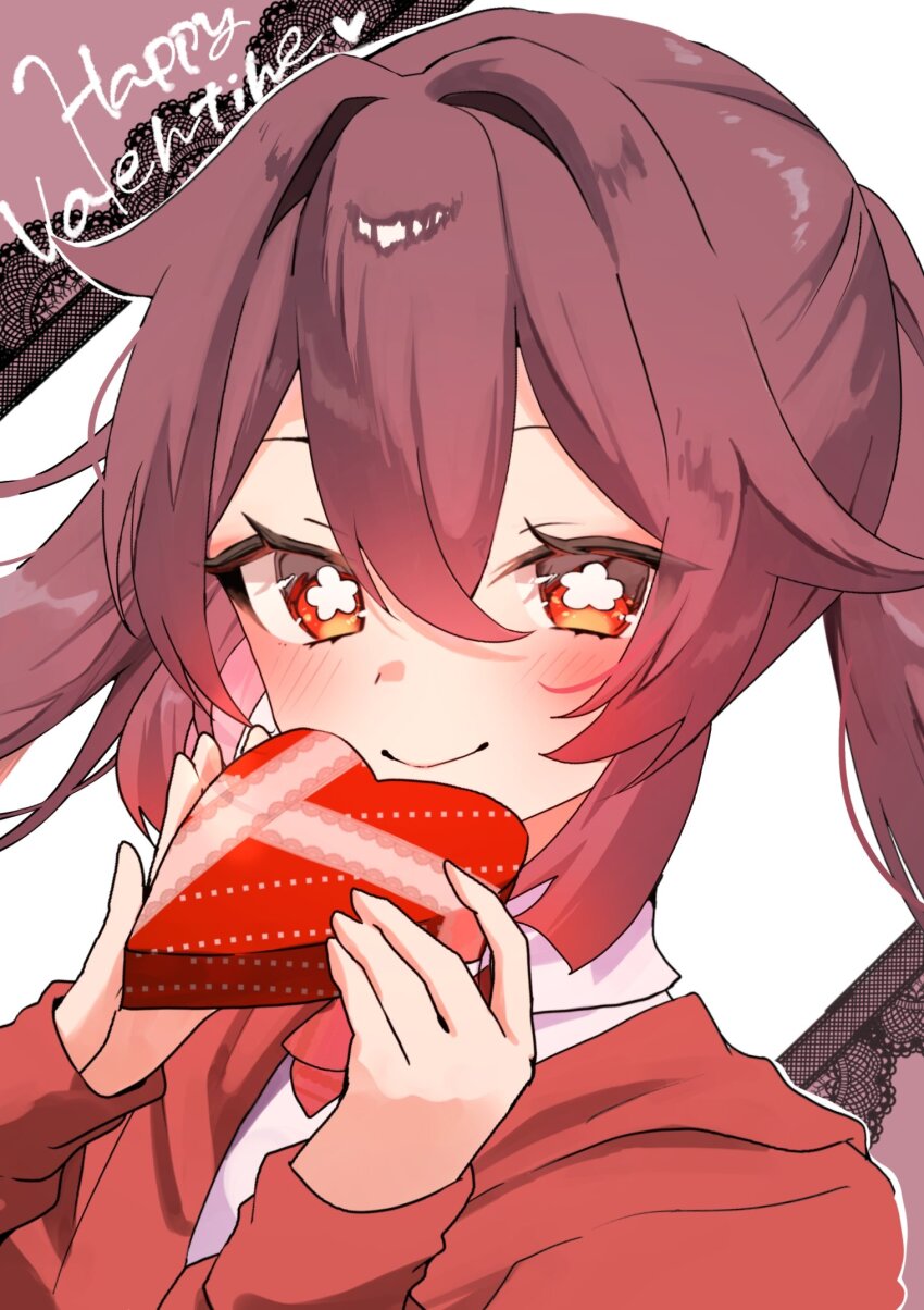 1girl blush box brown_hair closed_mouth commentary flower-shaped_pupils genshin_impact hair_intakes happy_valentine heart-shaped_box highres holding holding_box hu_tao_(genshin_impact) jacket long_hair long_sleeves looking_at_viewer portrait red_eyes red_jacket roa_inu shirt smile solo symbol-shaped_pupils twintails valentine white_shirt