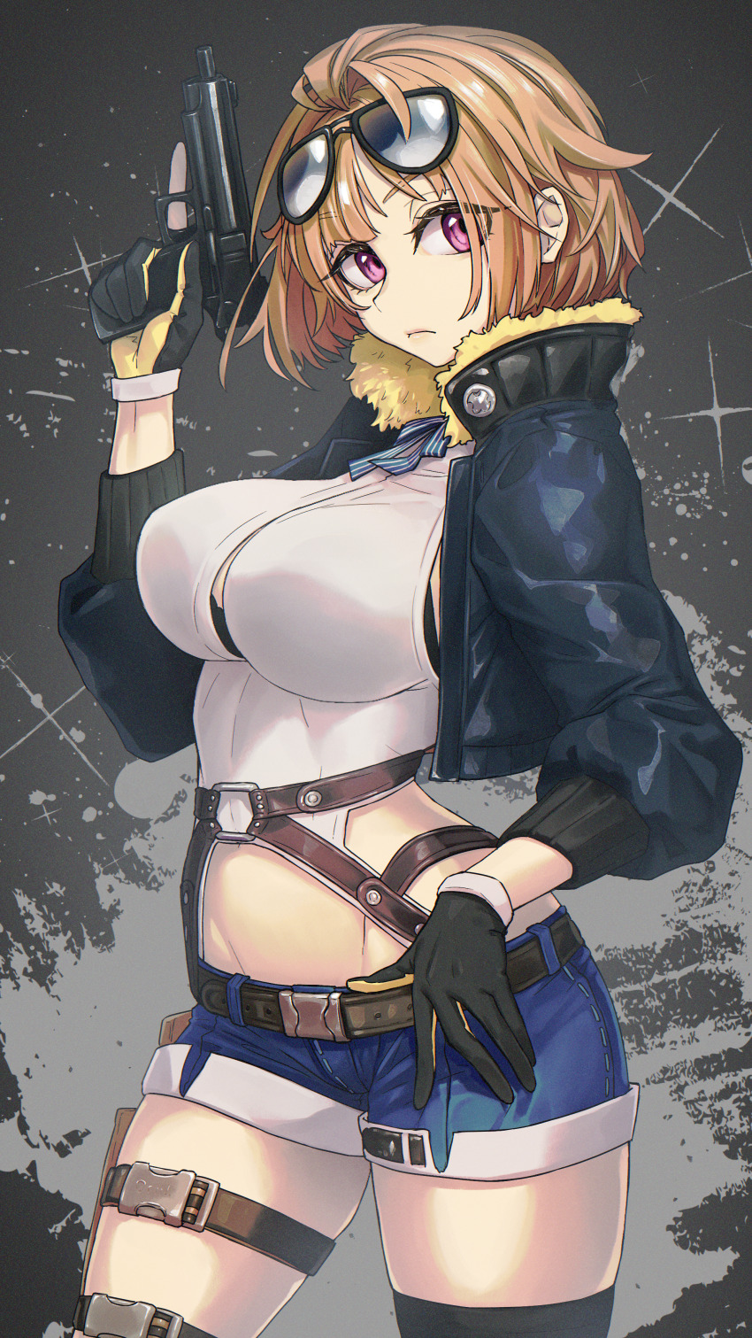 1girl absurdres aviator_sunglasses belt black_bra black_gloves black_thighhighs blue_jacket blue_sky bra breasts brown_hair commission commissioner_upload covered_navel eyewear_on_head from_side fur-trimmed_collar fur_trim girls&#039;_frontline gloves grizzly_mkv_(girls&#039;_frontline) grizzly_win_mag hand_up highres holding holding_weapon holster jacket large_breasts long_sleeves looking_to_the_side medium_hair midriff navel neck_ribbon open_clothes open_jacket partially_fingerless_gloves pote0508 purple_eyes ribbon shirt short_shorts shorts single_thighhigh skeb_commission sky solo striped_ribbon sunglasses thigh_holster thighhighs trigger_discipline two-tone_gloves underwear weapon white_shirt yellow_gloves