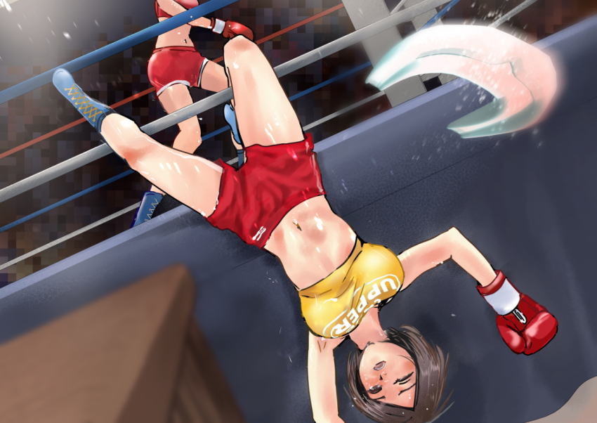 2girls boots boxing boxing_gloves boxing_ring boxing_shorts catfight defeat midriff mouth_guard multiple_girls navel original purintai shorts sports_bra tagme upside-down