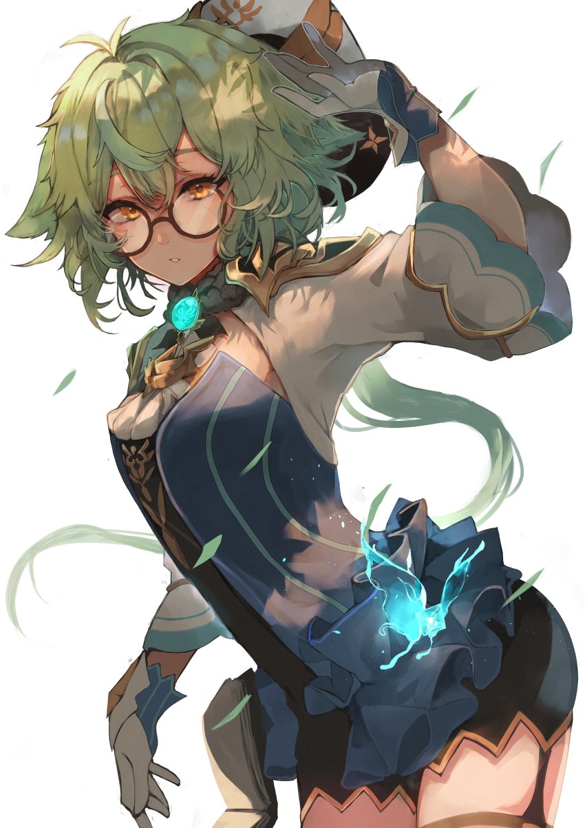 1girl absurdres anemo_(genshin_impact) animal_ears fox_ears fox_girl genshin_impact glasses gloves gradient_hair green_hair hat highres long_hair long_sleeves looking_to_the_side multicolored_hair pale_skin revealing_clothes short_shorts shorts sucrose_(genshin_impact) takena-c thighhighs vision_(genshin_impact) white_background yellow_eyes