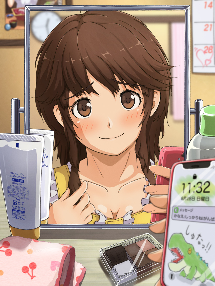 1girl absurdres amagami blush breasts brown_eyes brown_hair calendar_(object) check_translation cleavage clock fake_phone_screenshot fake_screenshot head_tilt highres holding holding_phone long_hair looking_at_viewer makeup medium_breasts mirror partially_translated phone portrait ranmaru_(jackpot_1123) reflection sakurai_rihoko smile solo translation_request