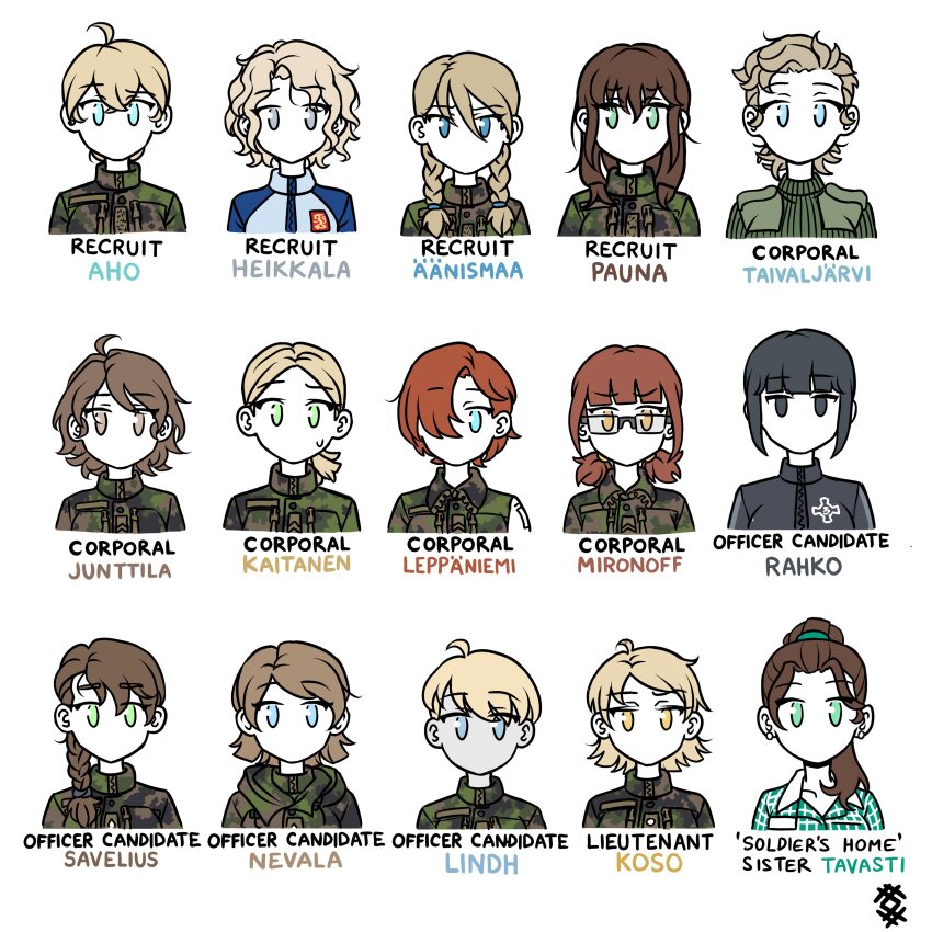 6+girls aada_heikkala absurdres ahoge anni_junttila aqua_eyes artist_logo black_eyes black_hair blonde_hair blue_eyes braid brown_eyes brown_hair camouflage camouflage_jacket character_name character_sheet commentary cropped_torso earrings english_commentary english_text glasses green_eyes hair_over_one_eye highres inka_aho jacket jewelry kaisa_taivaljarvi krista_kaitanen logo long_hair looking_at_viewer lyyti_aanismaa medium_hair military_uniform multiple_girls nevala_(ostwindprojekt) no_mouth one_eye_covered original ostwindprojekt pauna_(ostwindprojekt) ponytail rahko_(ostwindprojekt) red_hair saila_leppaniemi savelius_(ostwindprojekt) seno_lepo short_hair sidelocks simple_background single_braid twin_braids twintails veera_mironoff white_background yellow_eyes