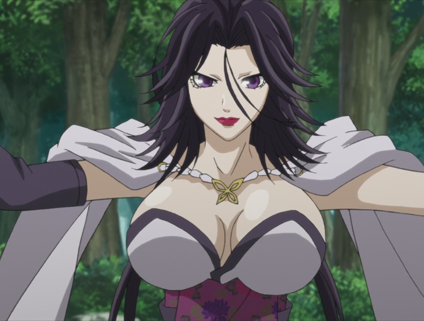 1girl black_hair brave_10 breasts corset female_focus kaiyo_(brave_10) large_breasts lipstick long_hair makeup purple_eyes red_lips screencap solo